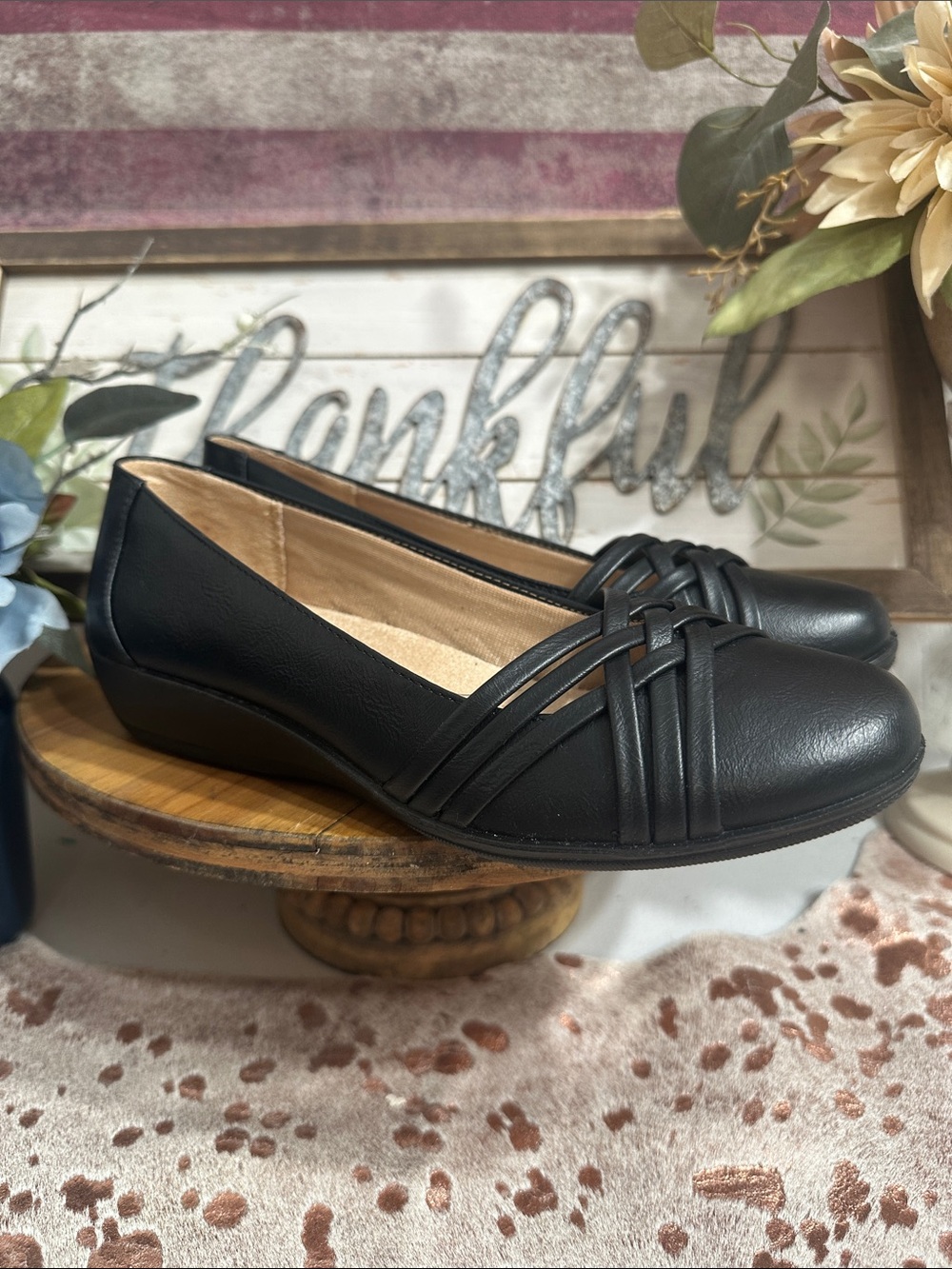NWOT Life Stride Black Slip-On Comfort Flats with Braided Accent